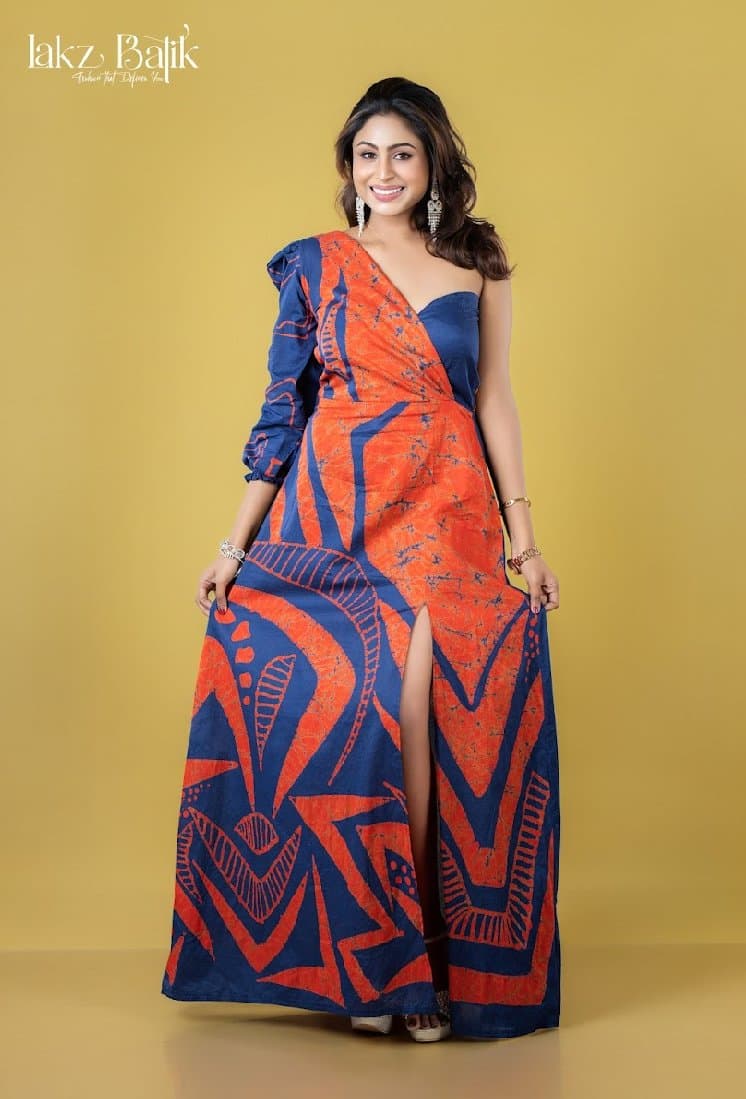 Handmade Sri Lankan Coral Navy Voile Bathik Dress